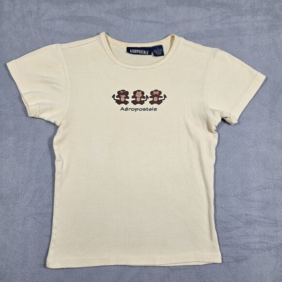 Y2K Aeropostale Baby T Shirt Womens Size Small Monkey See No Evil Yellow FLAWS - Picture 1 of 15